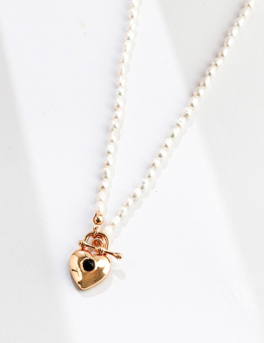 18K Gold Vermeil & Black Onyx Heart Lock Pearl Necklace - Sterling Silver / 18K Gold Vermeil - Beau One