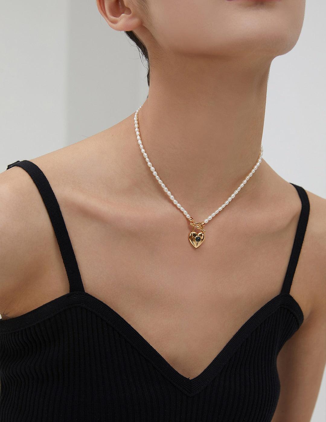 18K Gold Vermeil & Black Onyx Heart Lock Pearl Necklace - Sterling Silver / 18K Gold Vermeil - Beau One