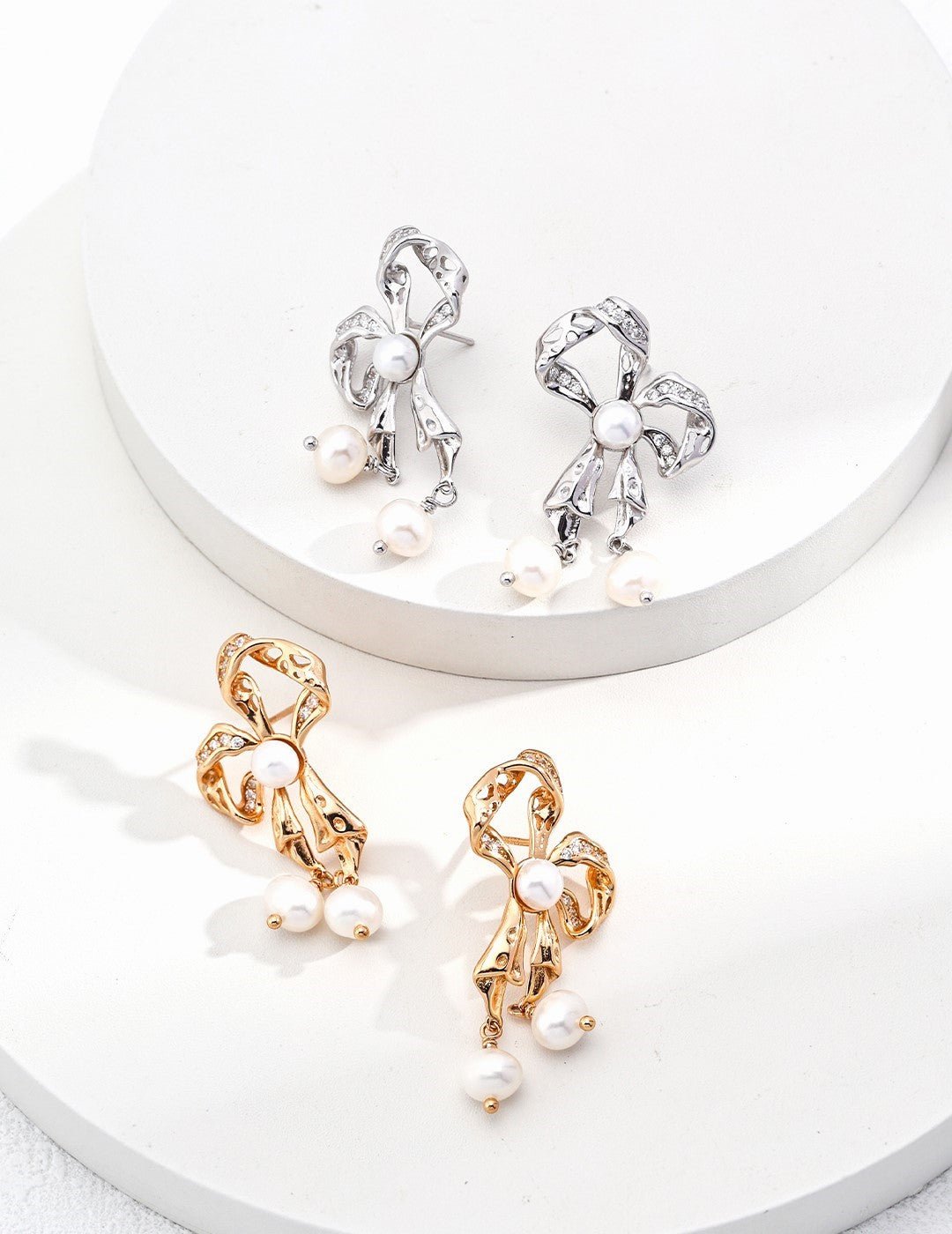 Pearl Ribbon Earrings - Sterling Silver / 18K Gold Vermeil - Beau One