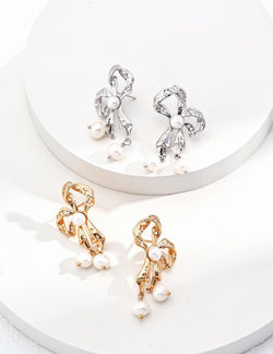 Pearl Ribbon Earrings - Sterling Silver / 18K Gold Vermeil - Beau One